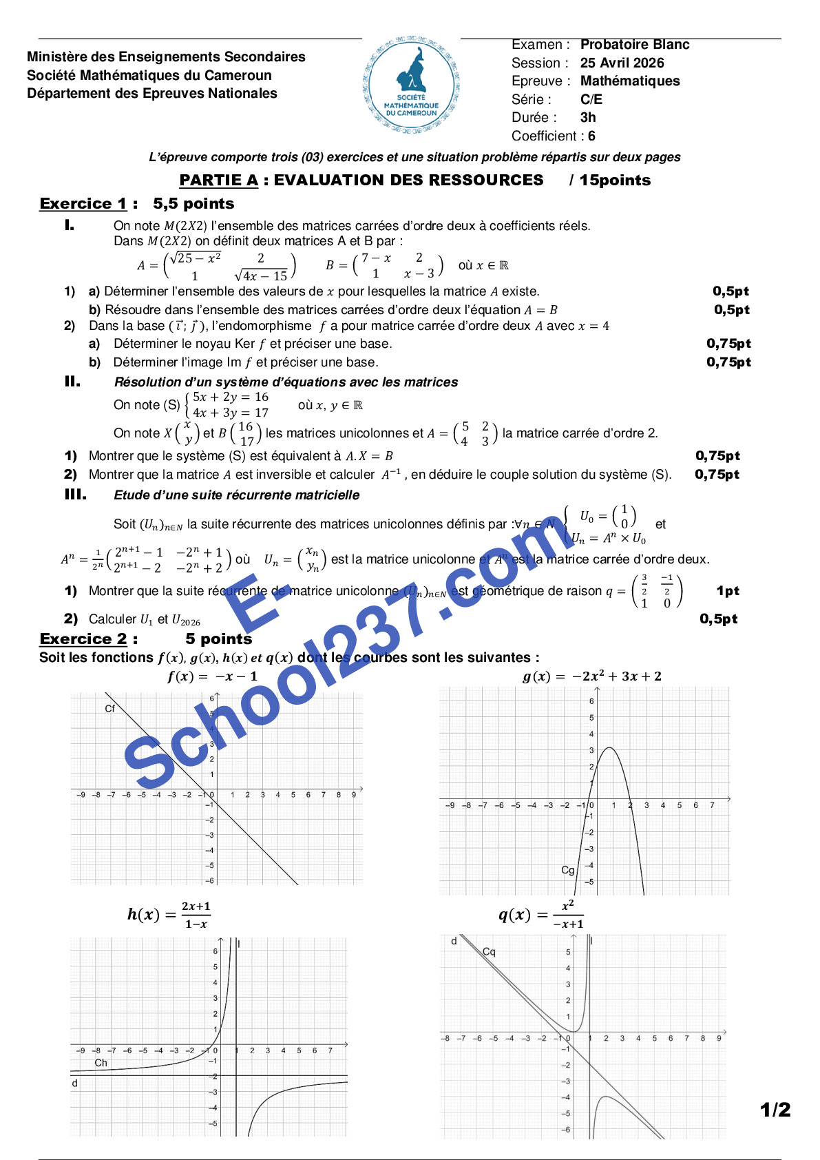 Proba. Blanc SERIE C 2026 Sté MATHS